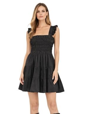 Greylin Anthropologie Black Smocked Tiered Mini Dress 100% Cotton Women's Large